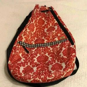 GloveIt tennis backpack.  Floral red & white design and black trim